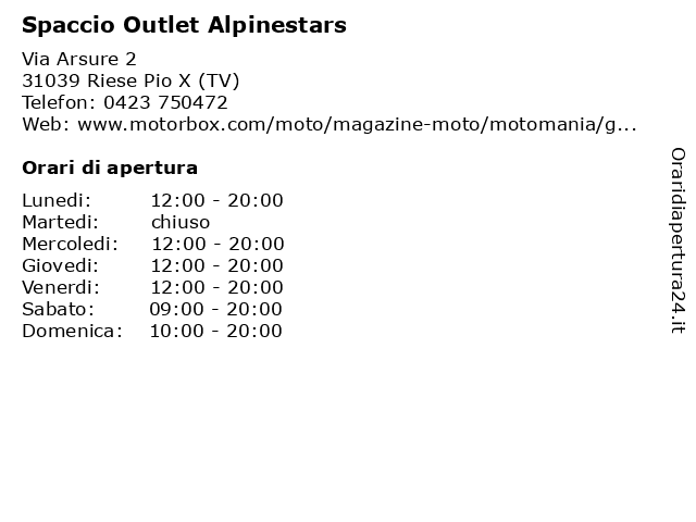 Orari di apertura Spaccio Outlet Alpinestars Via Arsure